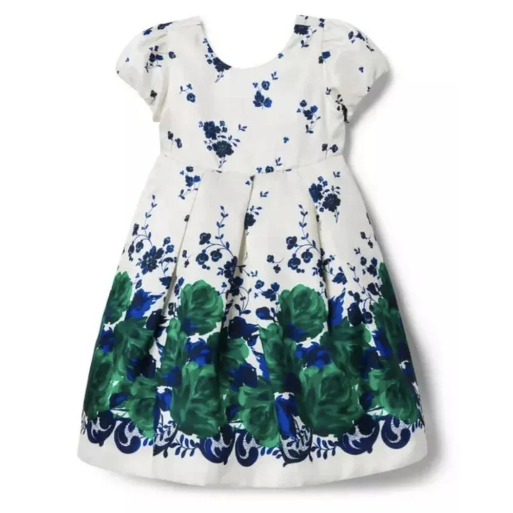 Janie & Jack Floral Dress Sz 3 Satin Ivory Blue & Green Formal Occasion Holiday